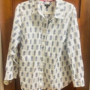 Talbots White Shirt with Blue Floral Pattern